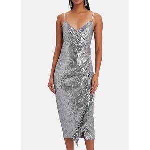 NWT Saylor Azariah Fringed Silver Gunmetal Sequin Wrap Dress. Size M.